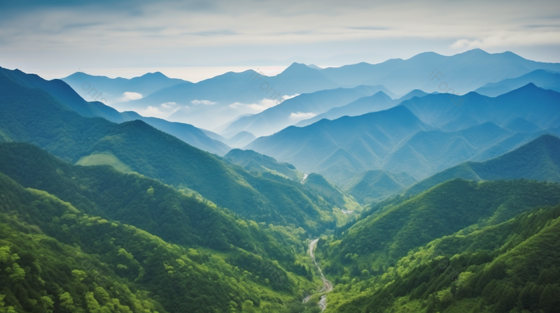 晴朗的蓝天白云下的绿色绵延不断的山脉,高清,摄影图,摄影图片,图片大全,摄影图免费下载